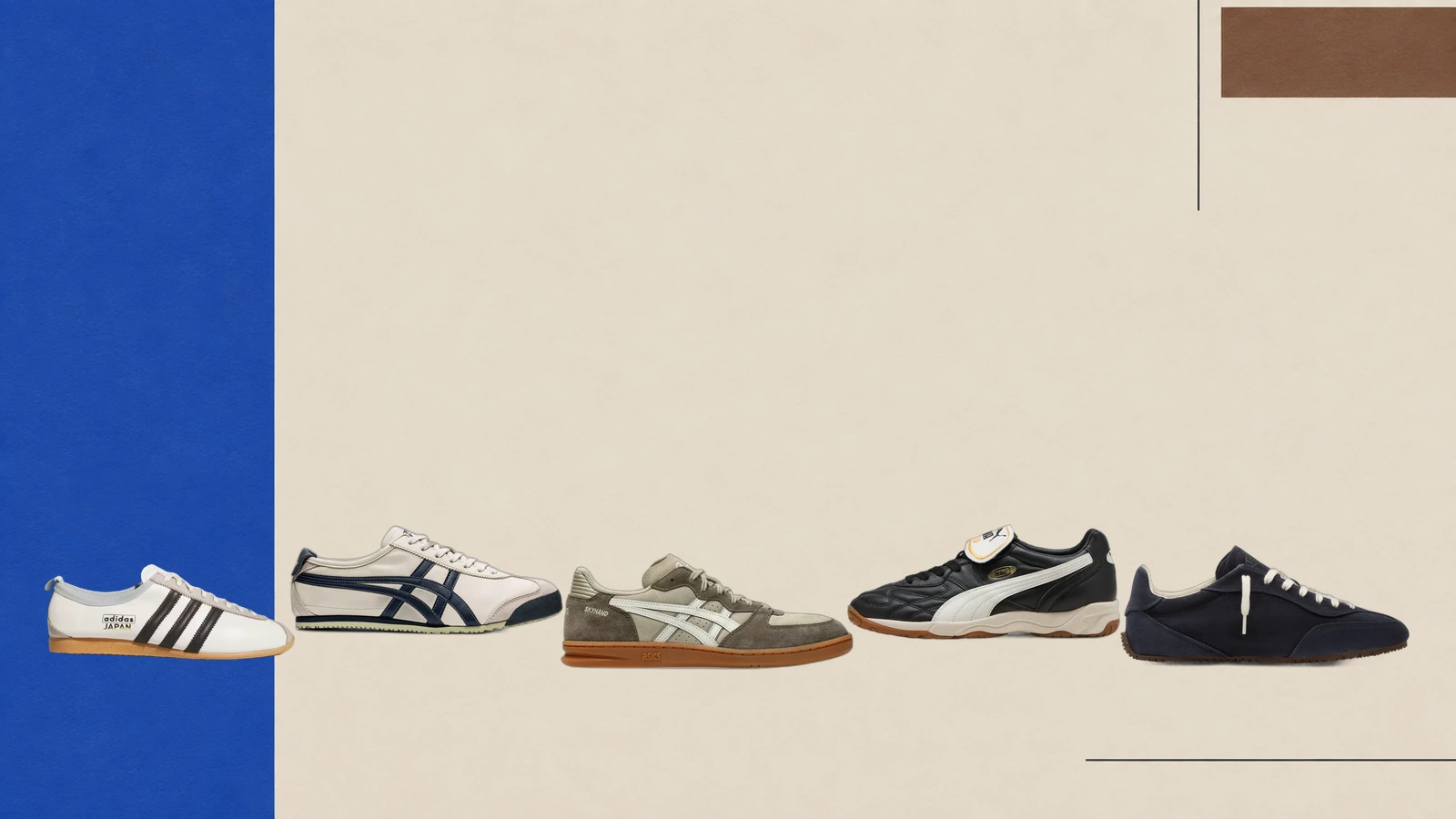 Fem lave sneakers sat op i et redaktionelt UDSNIT-cover: adidas Japan, Onitsuka Tiger Mexico 66, ASICS SKYHAND OG, PUMA King Indoor og Axel Arigato Daze Runner