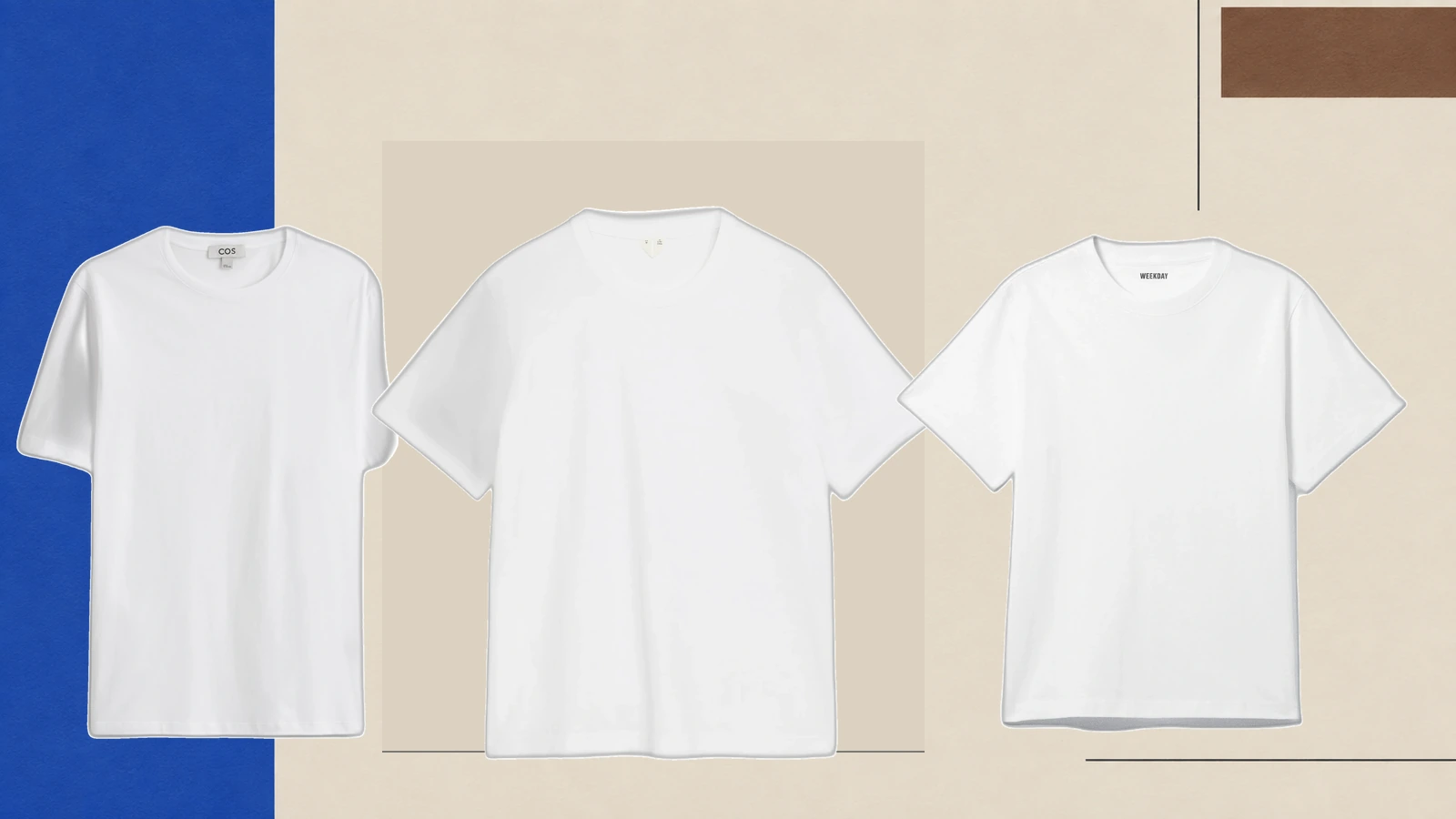 Tre hvide T-shirts med forskellig silhuet fra COS, ARKET og Weekday i et redaktionelt UDSNIT-cover