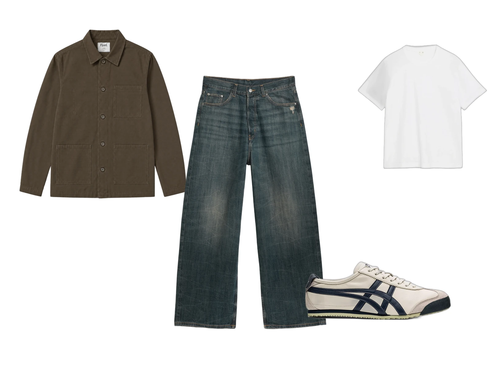 Outfitboard med mocha overshirt, hvid t-shirt, mørkeblå jeans og cremefarvede sneakers