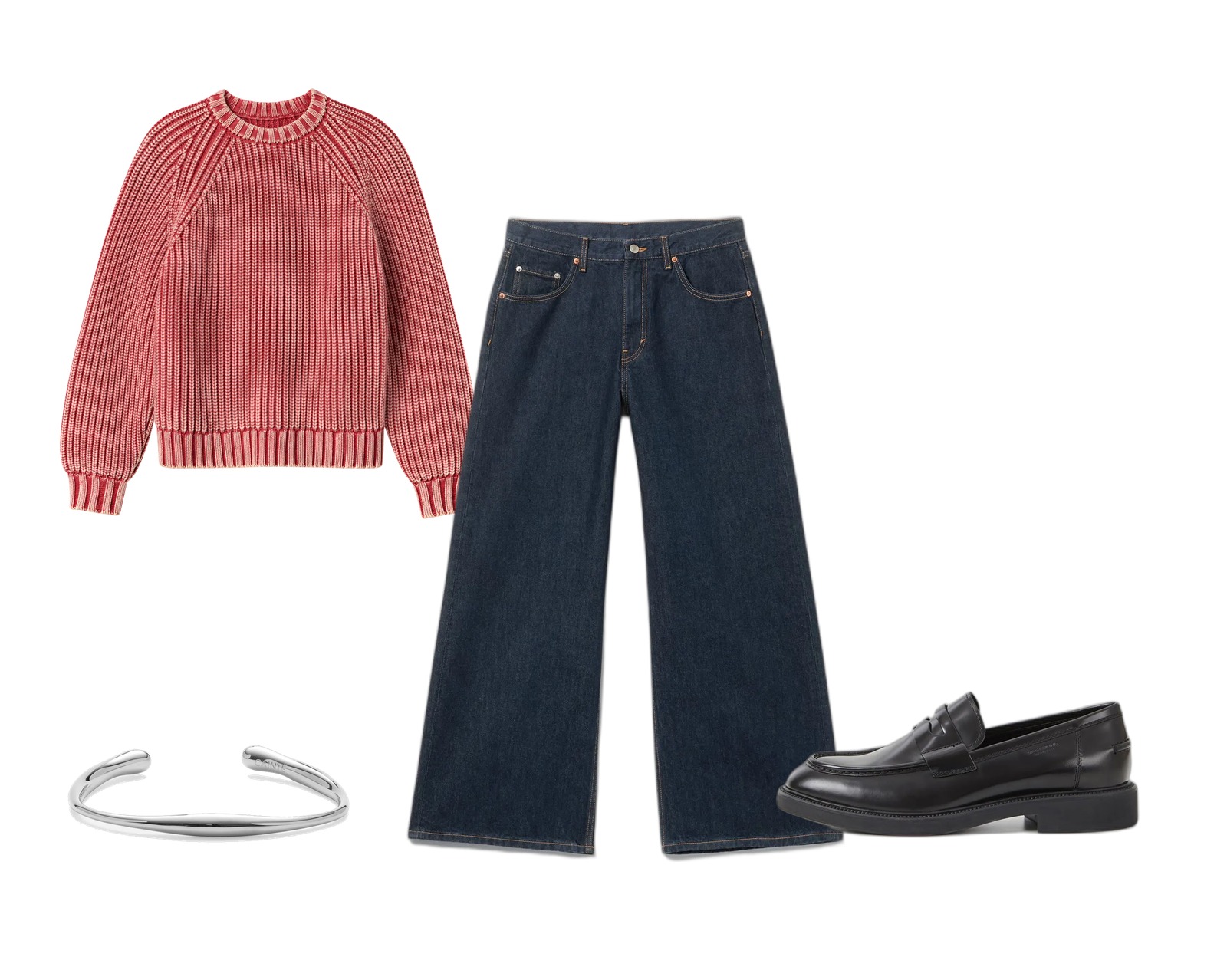 Rød strik / Mørk denim / Sort læder