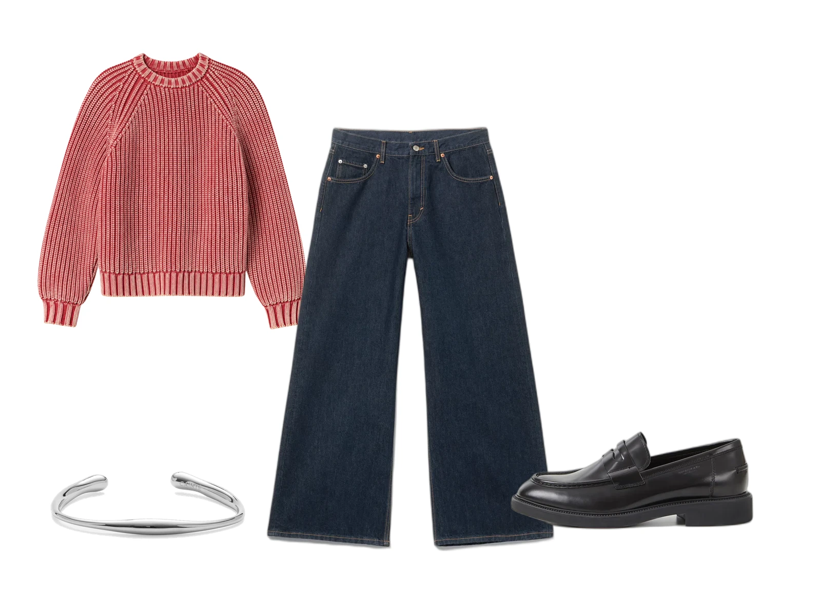 Rød strik / Mørk denim / Sort læder
